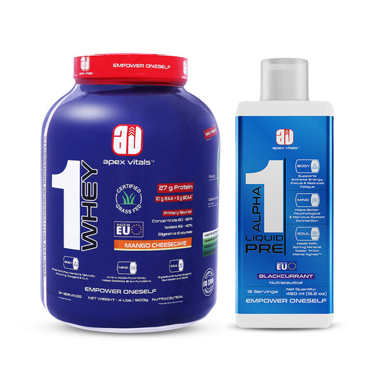 Apex Vitals - 1 Whey Protein Blend 4 lbs + Alpha 1 Pre-Workout Combo | Grass-Fed Protein Powder | Mohai Ignes Mineral Water | Muscle Strength & Recovery | Mango Cheesecake (4lbs)