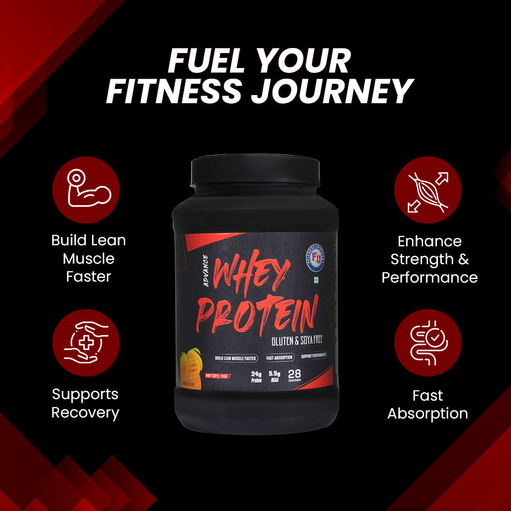 Fitness Universe Advance Whey Protein 1Kg | Mango Shake | 24g Protein | 5g BCAA | With Digestive Enzyme Blend | Gluten & Soya Free | Natural Identical flavour | 28 Servings