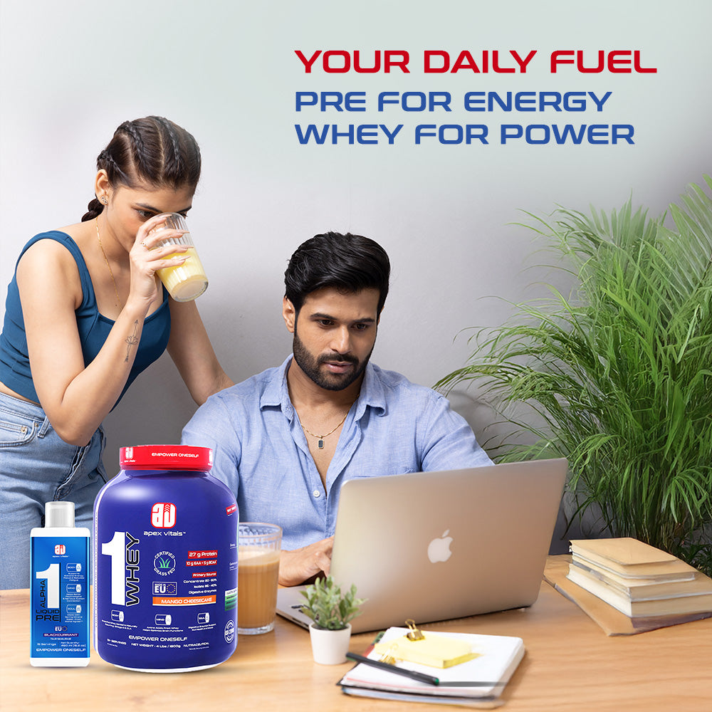 Apex Vitals - 1 Whey Protein Blend 4 lbs + Alpha 1 Pre-Workout Combo | Grass-Fed Protein Powder | Mohai Ignes Mineral Water | Muscle Strength & Recovery | Mango Cheesecake (4lbs)