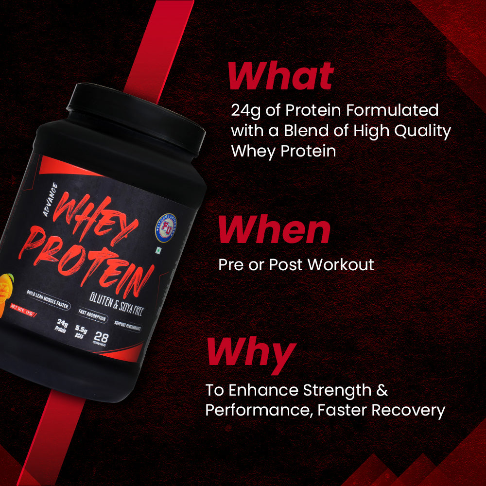 Fitness Universe Advance Whey Protein 1Kg | Mango Shake | 24g Protein | 5g BCAA | With Digestive Enzyme Blend | Gluten & Soya Free | Natural Identical flavour | 28 Servings