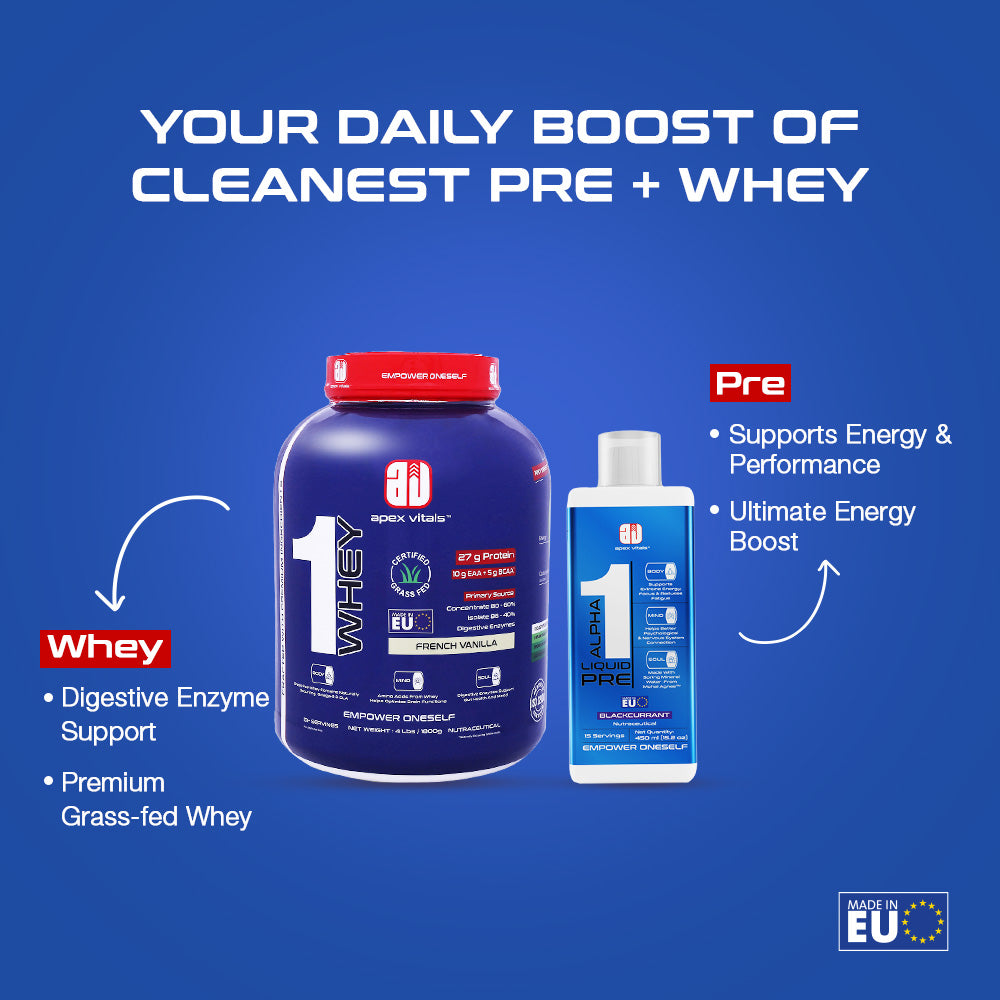 Apex Vitals - 1 Whey Protein Blend 4 lbs + Alpha 1 Pre-Workout Combo | Grass-Fed Protein Powder | Mohai Ignes Mineral Water | Muscle Strength & Recovery | French Vanilla (4lbs)