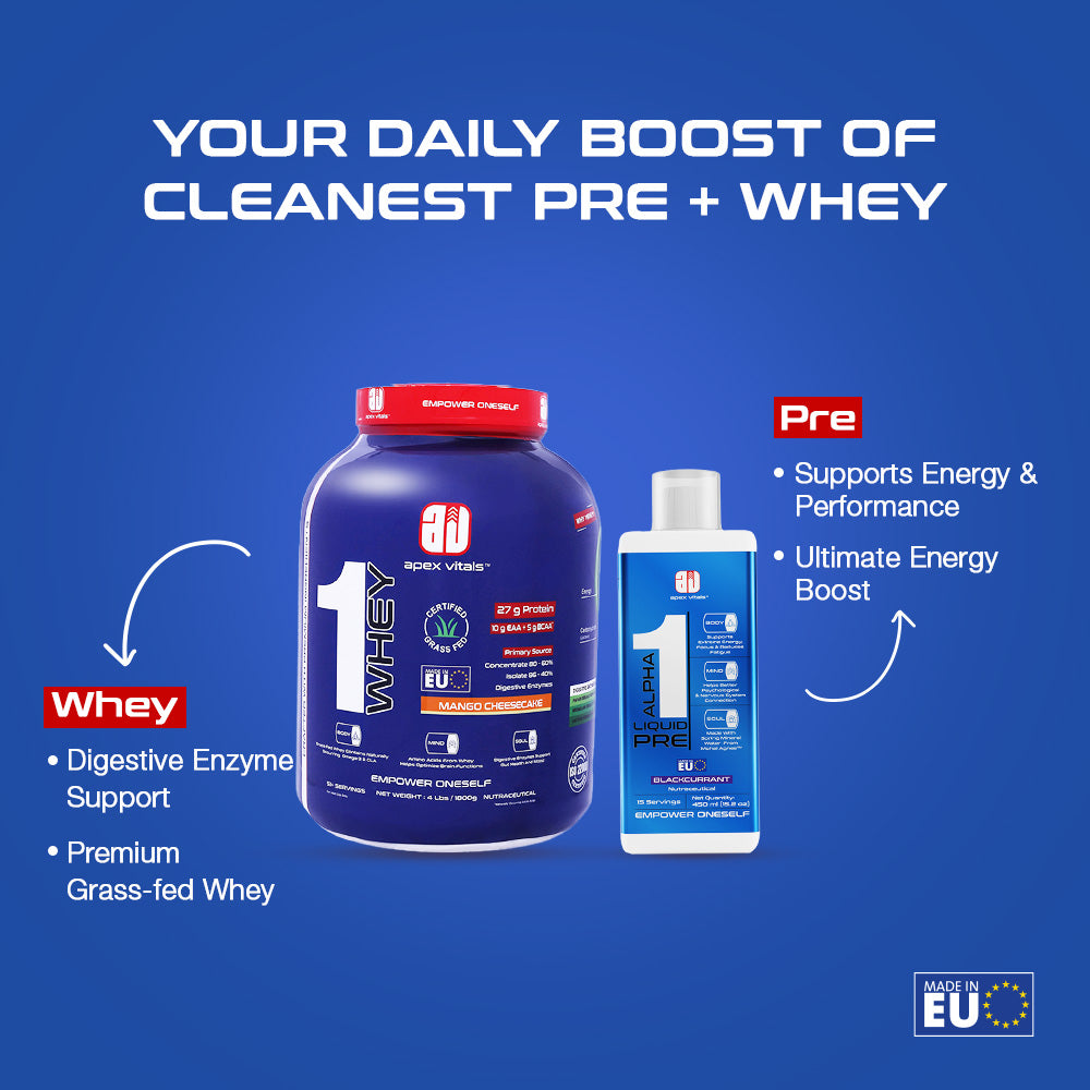 Apex Vitals - 1 Whey Protein Blend 4 lbs + Alpha 1 Pre-Workout Combo | Grass-Fed Protein Powder | Mohai Ignes Mineral Water | Muscle Strength & Recovery | Mango Cheesecake (4lbs)
