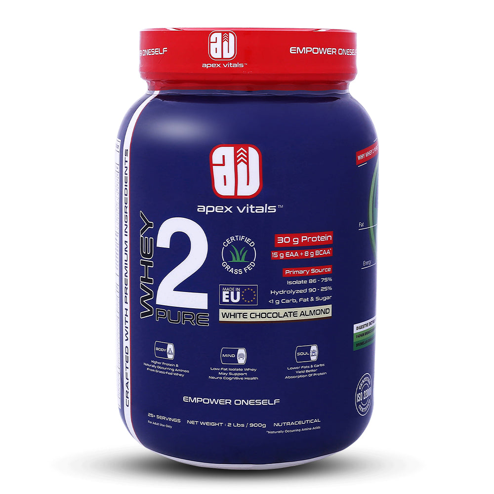 Apex Vitals Whey 2 Pure - Grass-Fed Whey Made in EU | Whey Isolate & Hydrolyzed | 30g Protein, 15g EAA, 8g BCAA | Digestive Enzymes | Muscle Build & Recovery |White Chocolate Almond - 900g 2Lbs, Shakers, Samples