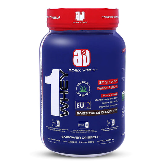 Apex Vitals 1 Whey - Grass-Fed Whey | 27g Protein, 10g EAA, 5g BCAA | Concentrate 80-60%, Isolate 86-40%, Digestive Enzymes | FDA, EFSA & FSSAI Certified|Swiss Triple Chocolate - 2lbs, Shakers, Samples