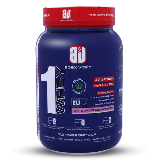 Apex Vitals 1 Whey - Grass-Fed Whey | 27g Protein, 10g EAA, 5g BCAA | Concentrate 80-60%, Isolate 86-40%, Digestive Enzymes | FDA, EFSA & FSSAI Certified|White Chocolate Raspberry - 2lbs, Shakers, Samples