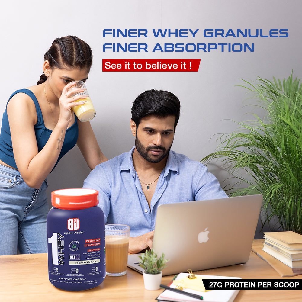 Apex Vitals 1 Whey - Grass-Fed Whey | 27g Protein, 10g EAA, 5g BCAA | Concentrate 80-60%, Isolate 86-40%, Digestive Enzymes | FDA, EFSA & FSSAI Certified|French Vanilla - 2lbs, Shakers, Samples