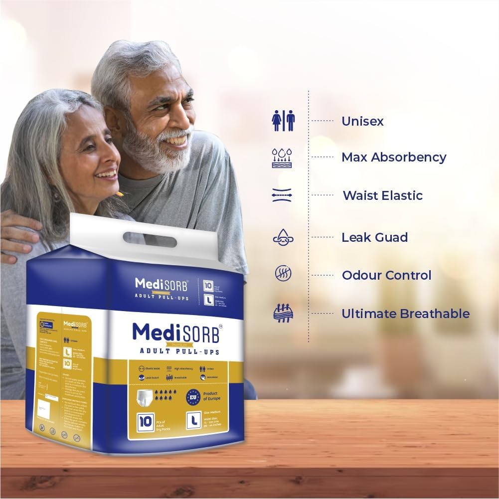 MediSORB Adult Diaper Pants | Large (L) |Waist 101-512 cm (40-60 inches) |High Absorbency -15 Hrs |Rash-Free |Leakproof |Breathable |Odourless |Elastic Waist |For Men & Women | 100 Units, Pack of 10