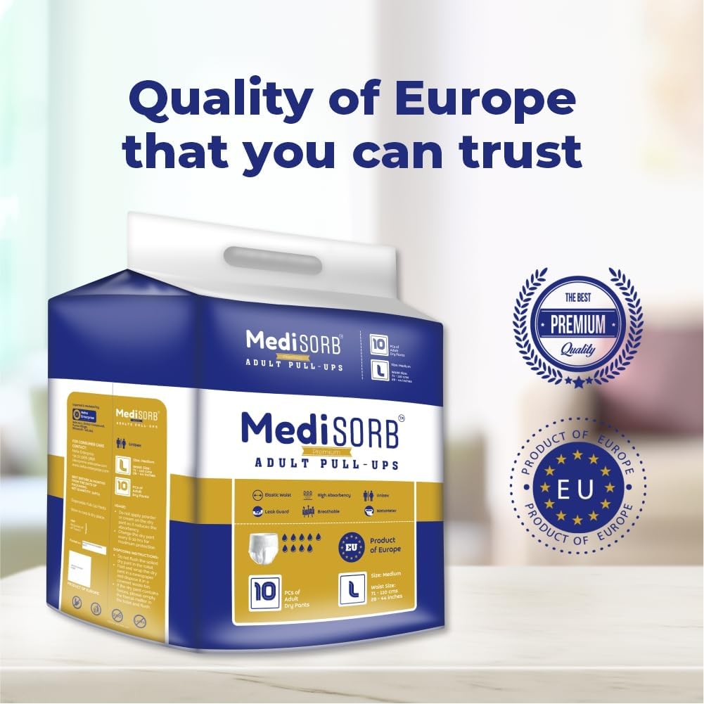MediSORB Adult Diaper Pants | Large (L) |Waist 101-512 cm (40-60 inches) |High Absorbency -15 Hrs |Rash-Free |Leakproof |Breathable |Odourless |Elastic Waist |For Men & Women | 100 Units, Pack of 10