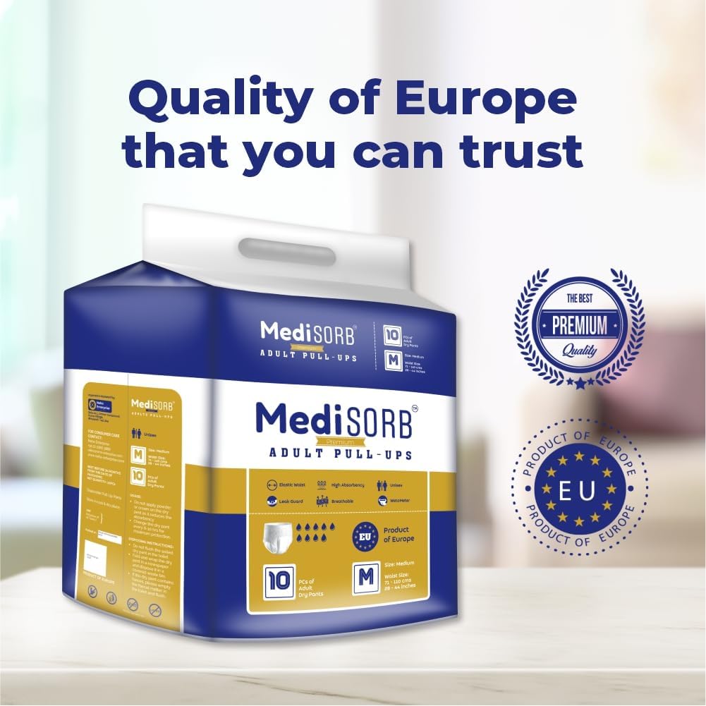MediSORB Adult Diaper Pants | Medium (M) |Waist 71-110 cm (28-44 inches) |High Absorbency -15 Hrs |Rash-Free |Leakproof |Breathable |Odourless |Elastic Waist |For Men & Women | 100 Units, Pack of 10