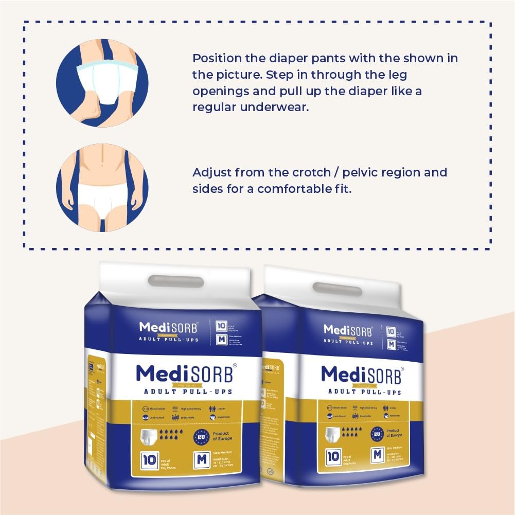 MediSORB Adult Diaper Pants | Medium (M) |Waist 71-110 cm (28-44 inches) |High Absorbency -15 Hrs |Rash-Free |Leakproof |Breathable |Odourless |Elastic Waist |For Men & Women | 100 Units, Pack of 10