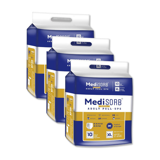 MediSORB Adult Diaper Pants | ExtraLarge (XL) |Waist 147-172 cm (58-68 inches) |High Absorbency 15 Hrs |Rash-Free |Leakproof |Breathable |Odourless |Elastic Waist |Men & Women | 30 Units, Pack of 3
