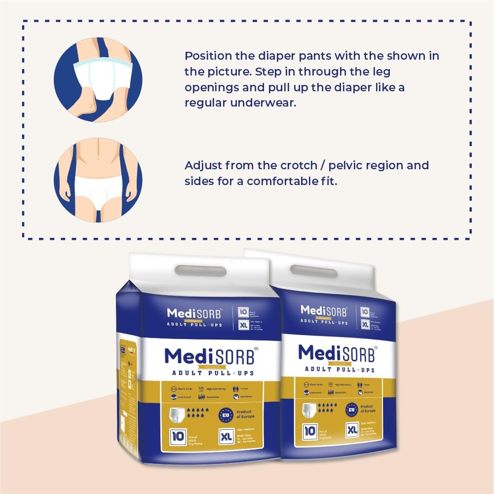 MediSORB Adult Diaper Pants | ExtraLarge (XL) |Waist 147-172 cm (58-68 inches) |High Absorbency 15 Hrs |Rash-Free |Leakproof |Breathable |Odourless |Elastic Waist |Men & Women | 30 Units, Pack of 3