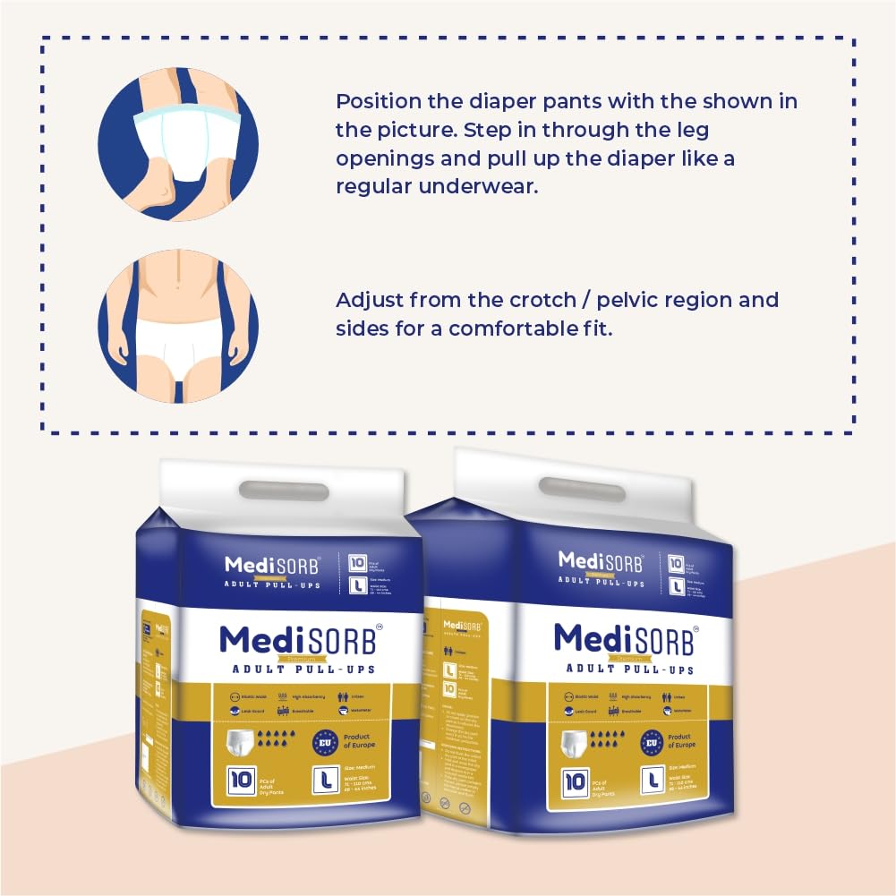 MediSORB Adult Diaper Pants | Large (L) |Waist 101-512 cm (40-60 inches) |High Absorbency -15 Hrs |Rash-Free |Leakproof |Breathable |Odourless |Elastic Waist |For Men & Women | 10 Units, Pack of 1