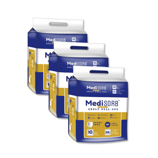 MediSORB Adult Diaper Pants | Double XL (2XL) |Waist 152-205 cm (60-80 inches) |High Absorbency -15 Hrs |Rash-Free |Leakproof |Breathable |Odourless |Elastic Waist |Men & Women | 30 Units, Pack of 3