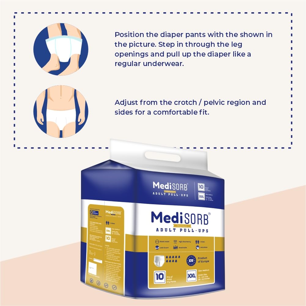 MediSORB Adult Diaper Pants | Double XL (2XL) |Waist 152-205 cm (60-80 inches) |High Absorbency -15 Hrs |Rash-Free |Leakproof |Breathable |Odourless |Elastic Waist |Men & Women | 50 Units, Pack of 5