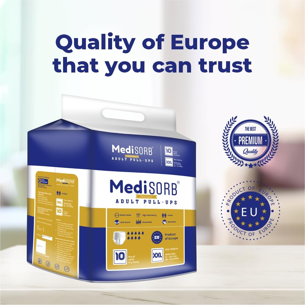 MediSORB Adult Diaper Pants | Double XL (2XL) |Waist 152-205 cm (60-80 inches) |High Absorbency -15 Hrs |Rash-Free |Leakproof |Breathable |Odourless |Elastic Waist |Men & Women | 20 Units, Pack of 2