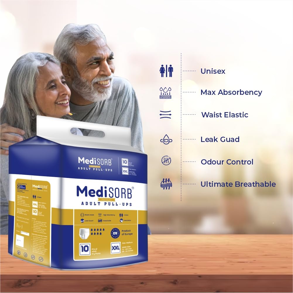 MediSORB Adult Diaper Pants | Double XL (2XL) |Waist 152-205 cm (60-80 inches) |High Absorbency -15 Hrs |Rash-Free |Leakproof |Breathable |Odourless |Elastic Waist |Men & Women | 20 Units, Pack of 2