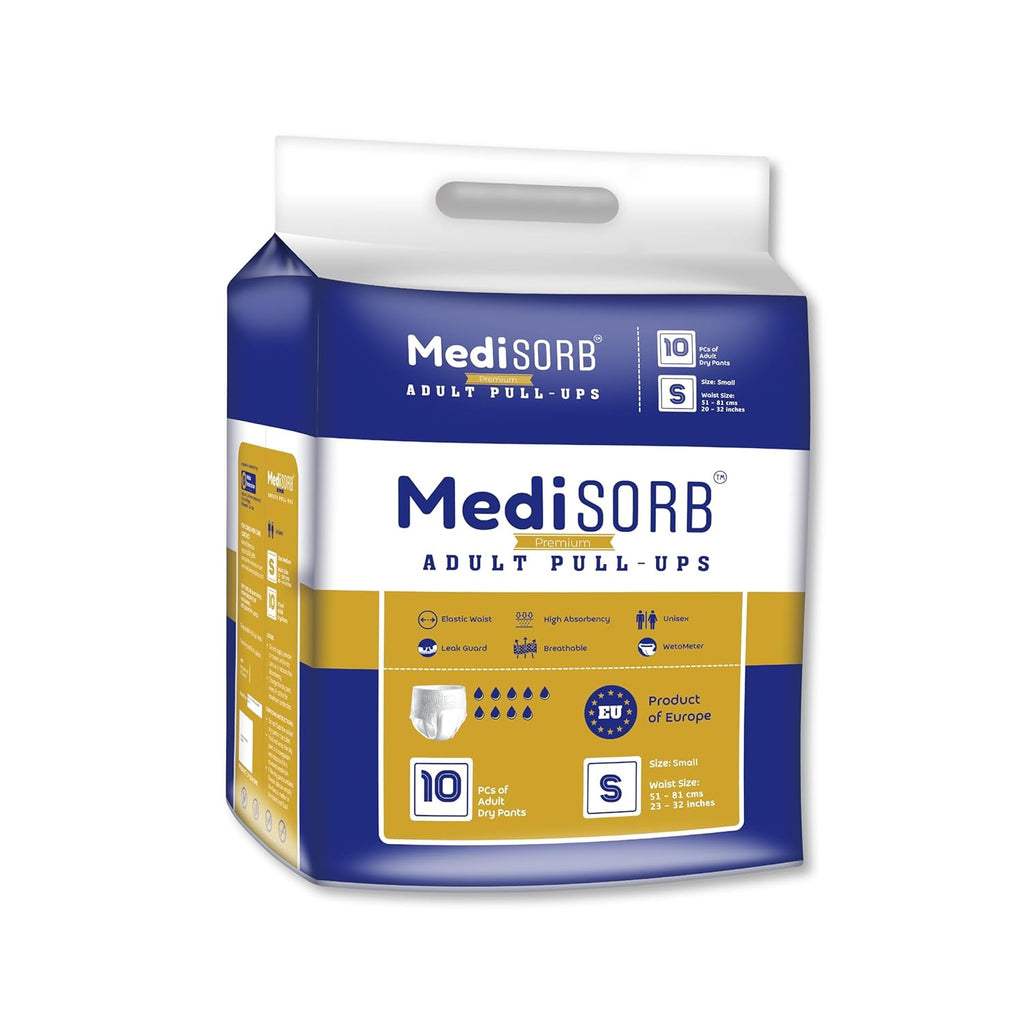MediSORB Adult Diaper Pants | Small (S) |Waist 51-81 cm (23-32 inches) |High Absorbency -15 Hrs |Rash-Free |Leakproof |Breathable |Odourless |Elastic Waist |Unisex - Men & Women | 10 Units, Pack of 1
