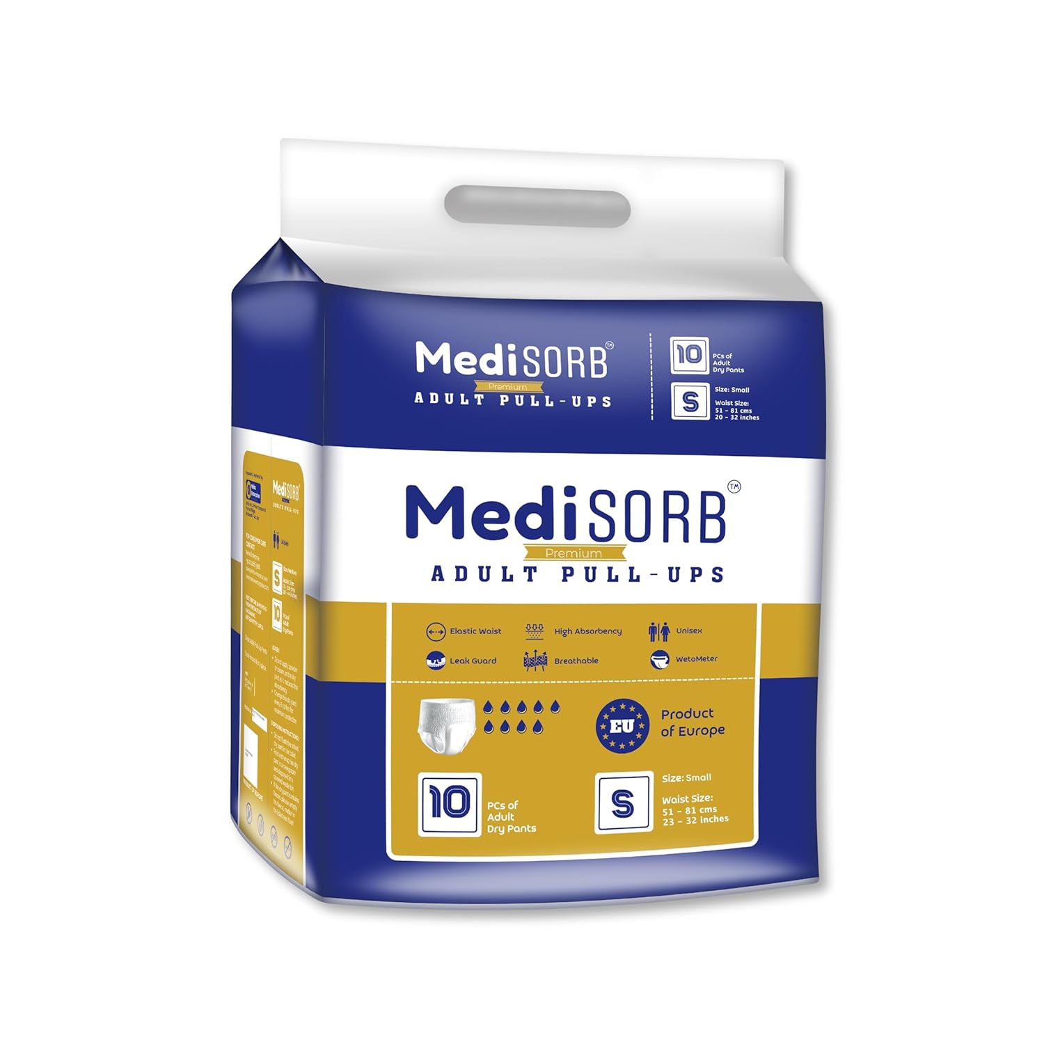 MediSORB Adult Diaper Pants | Small (S) |Waist 51-81 cm (23-32 inches) |High Absorbency -15 Hrs |Rash-Free |Leakproof |Breathable |Odourless |Elastic Waist |Unisex - Men & Women | 10 Units, Pack of 1