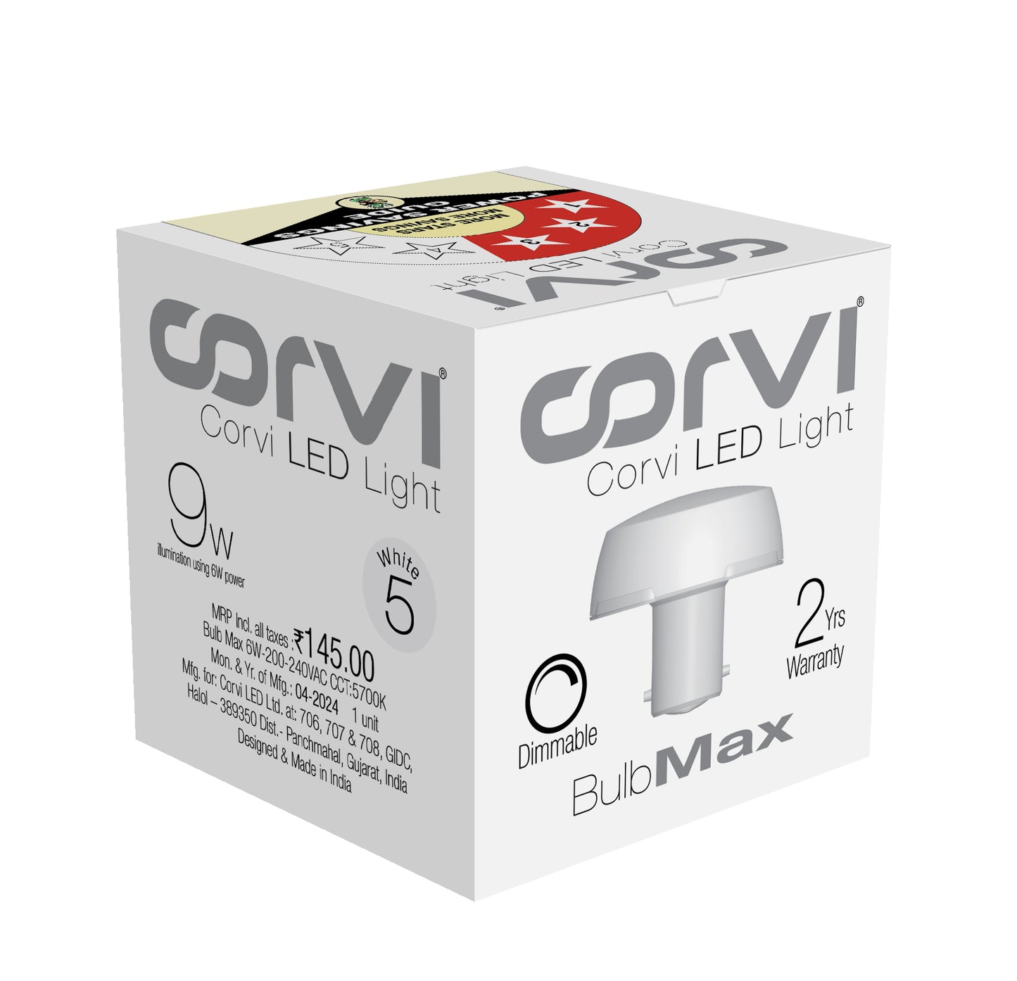 CORVI LED Bulb | 9 Watts illumination using 6 Watts power | B22, Compact Non-Protruding | 3000K Warm White Full Glow | Dimmable | 2 Year Warranty | Industry’s Best 3 star Rated Energy Saving Bulb (Pack of 1)