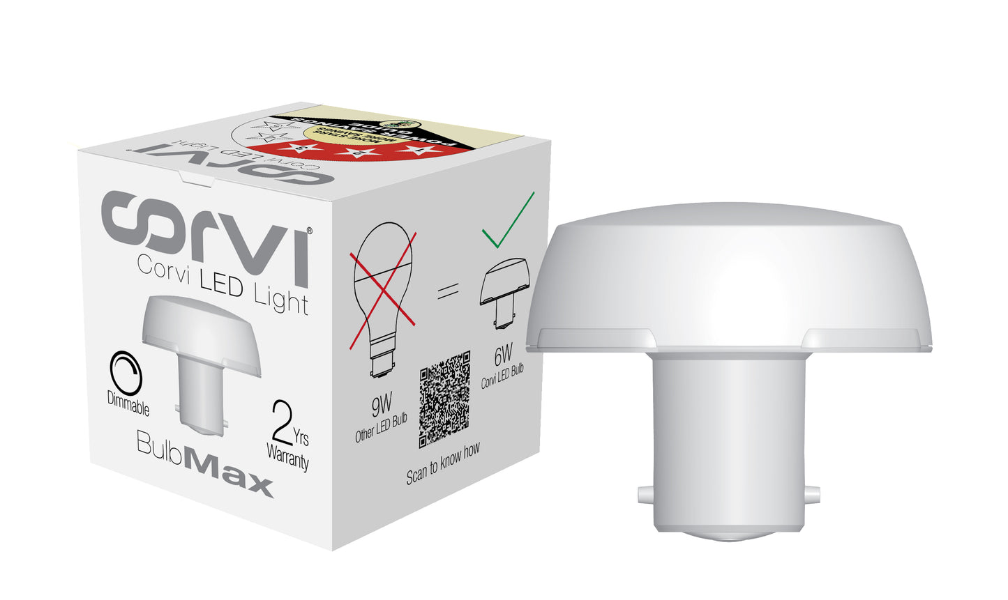 CORVI LED Bulb | 9 Watts illumination using 6 Watts power | B22, Compact Non-Protruding | 3000K Warm White Full Glow | Dimmable | 2 Year Warranty | Industry’s Best 3 star Rated Energy Saving Bulb (Pack of 1)