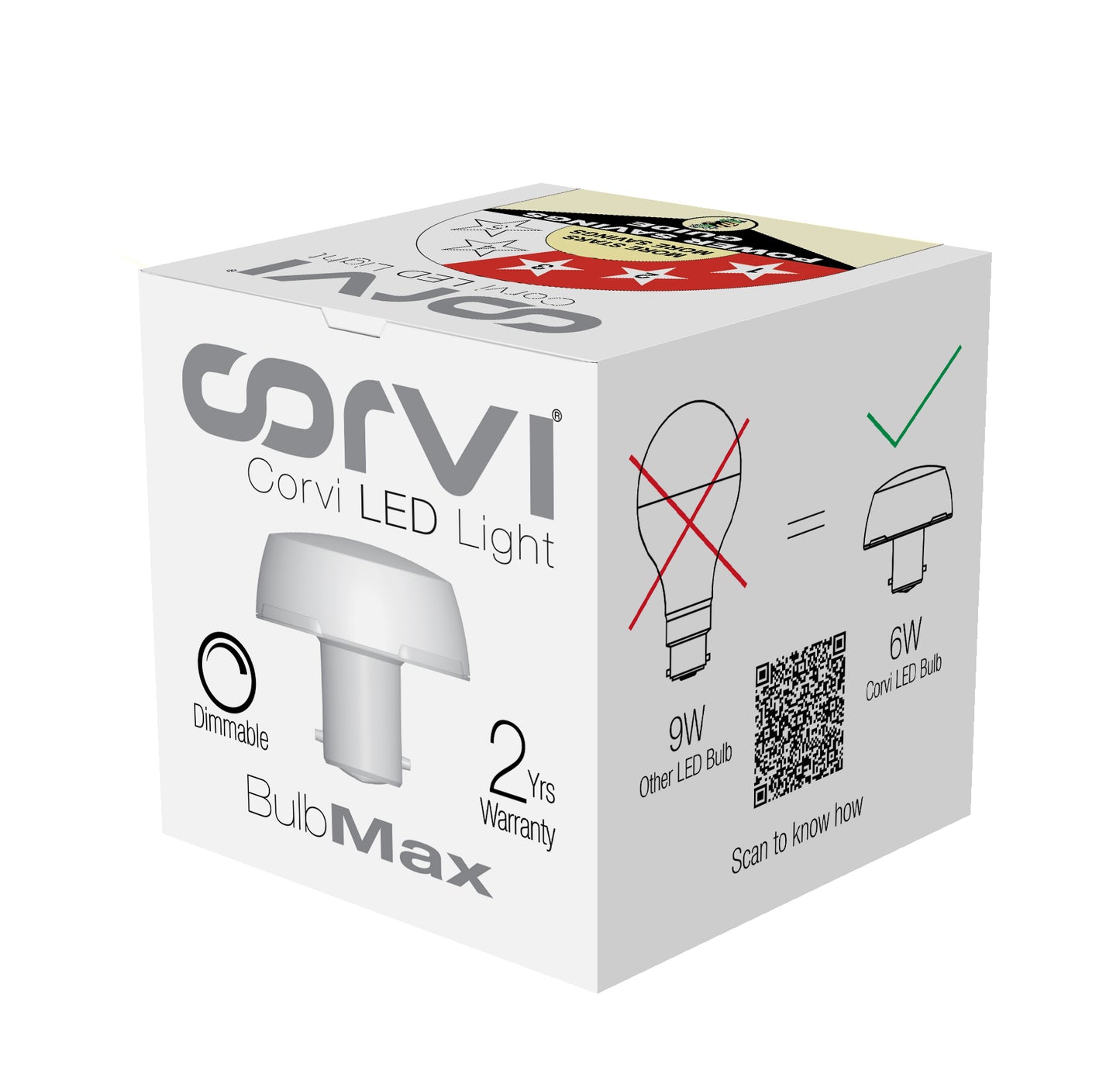 CORVI LED Bulb | 9 Watts illumination using 6 Watts power | B22, Compact Non-Protruding | 3000K Warm White Full Glow | Dimmable | 2 Year Warranty | Industry’s Best 3 star Rated Energy Saving Bulb (Pack of 1)