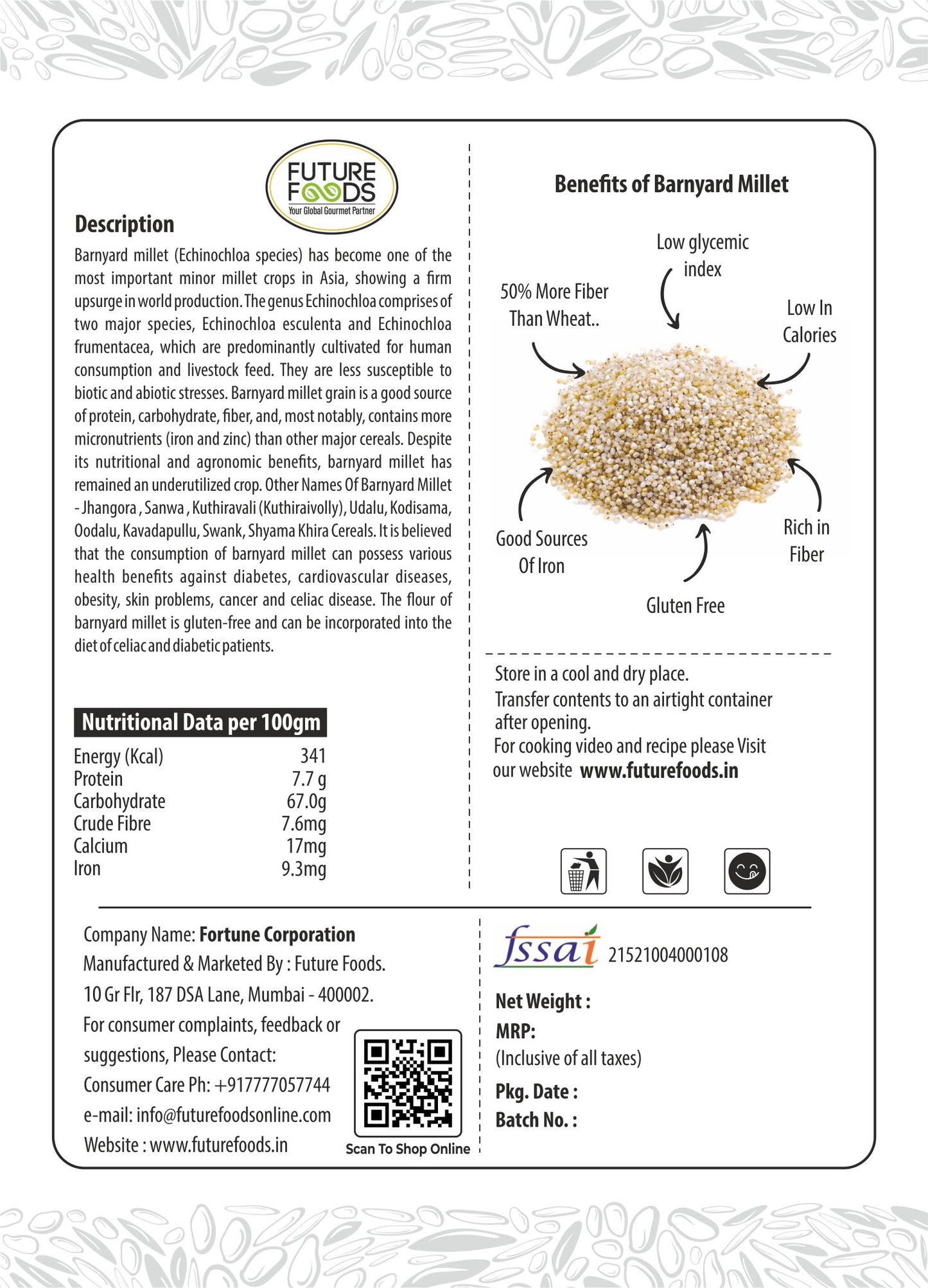 Future Foods Premium Barnyard Flour | Jhangora/Sanwa | Gluten Free | Fiber Rich | Good Source of Iron | With Essential Vitamins & Minerals | Ideal for Celiac & Diabetes Patients | 900g