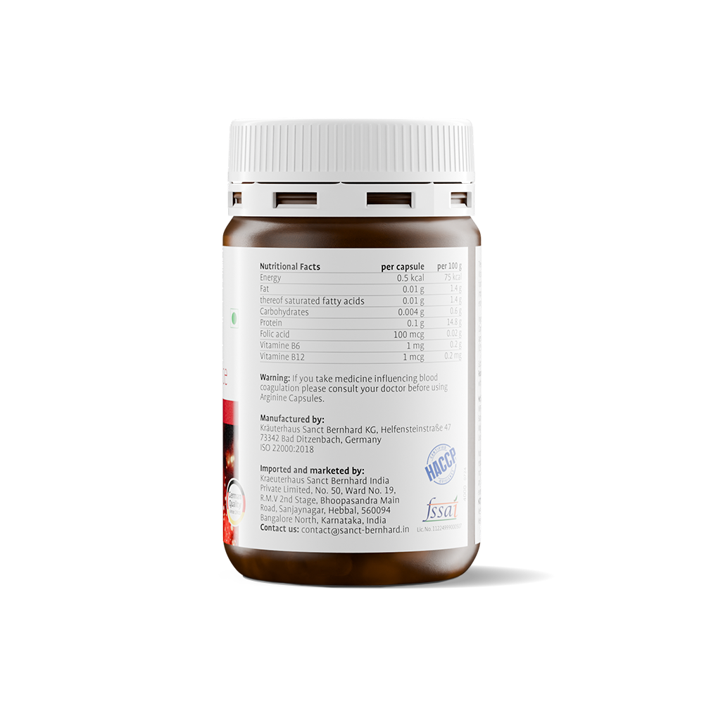 Sant Bernhard L-Arginine Capsules with B-Vitamins | With B12, B1, B6, Folic Acid & Riboflavin | Supports Energy, Blood Circulation & Heart Health | Vegan, Non-GMO | 1-Month Supply | 60 Capsules