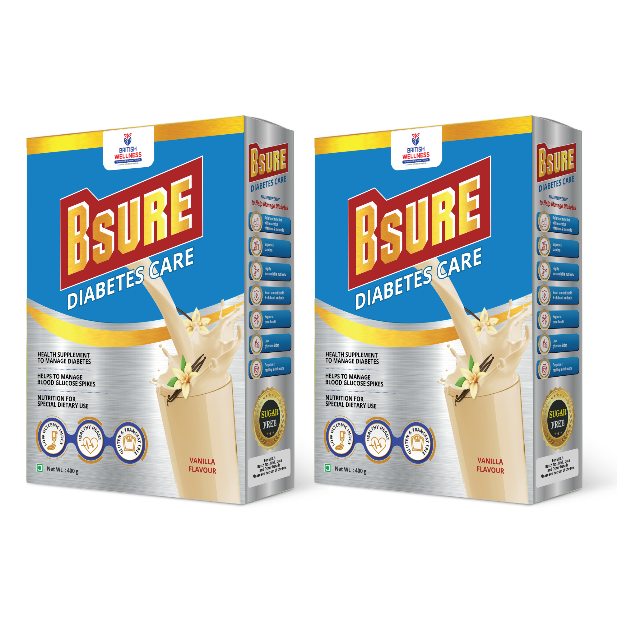 Bsure Diabetes Care- Balanced Vital Nutrients to Manage Blood Sugar, Weight & Strength Vanilla Flavour- 400gm. (Pack of 2)