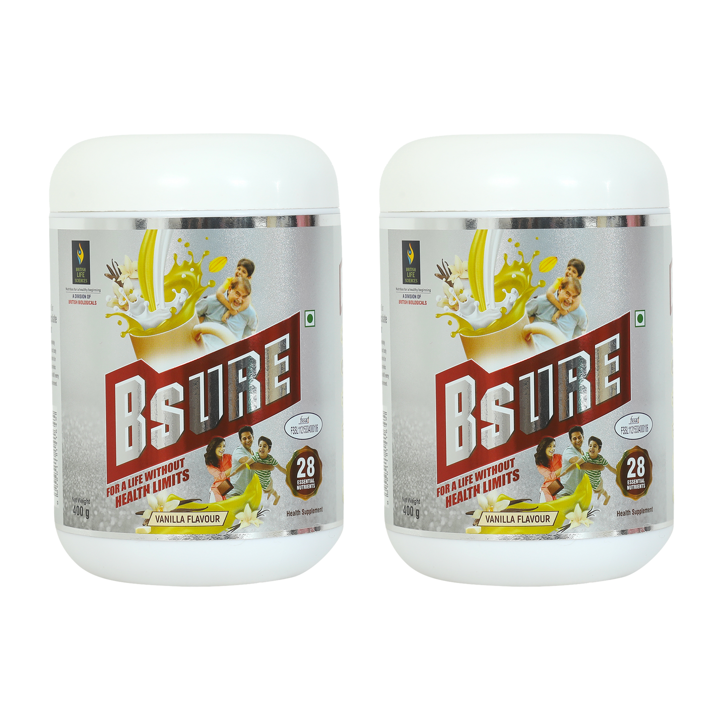 BRITISH LIFE SCIENCES | Bsure - Complete, Balanced & Nutrition Supplement Drink For The Entire Family | Delicious Vanilla Flavour Drink For Immunity | 400 g (Pack of 2)