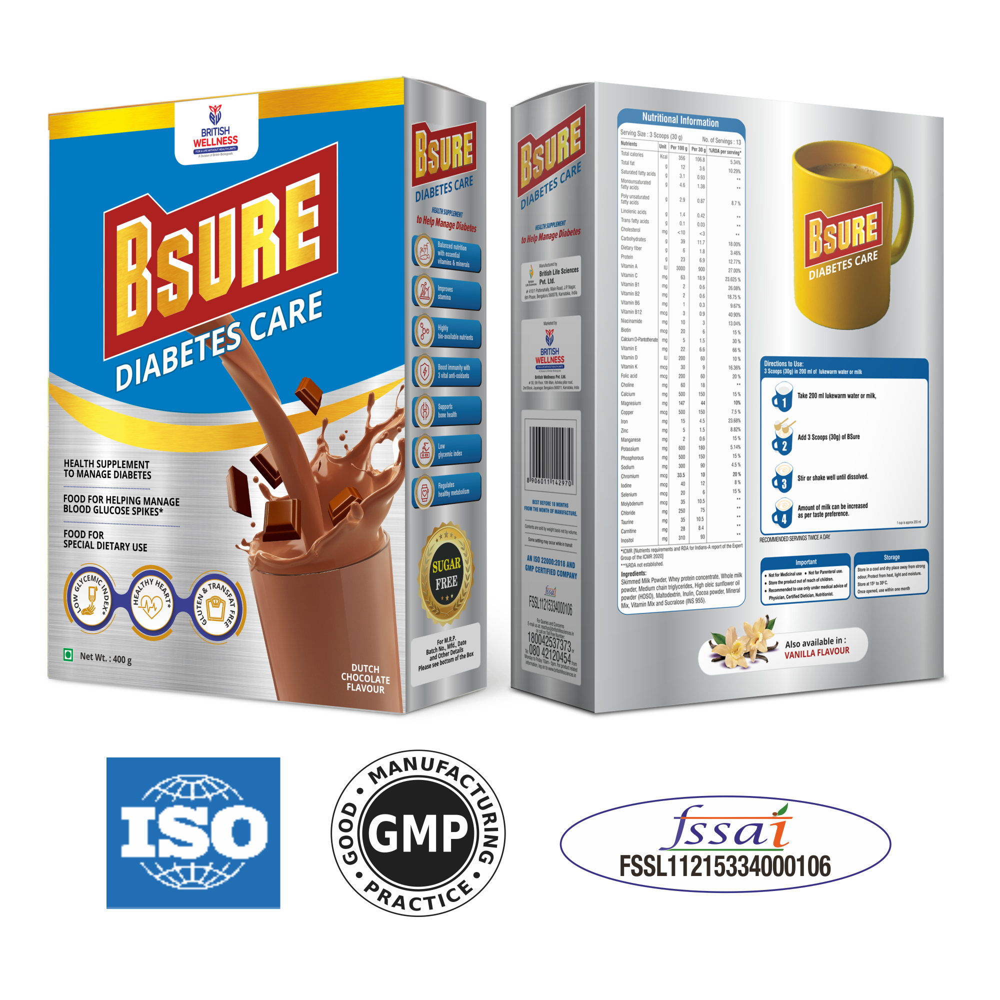 Bsure Diabetes Care- Balanced Vital Nutrients to Manage Blood Sugar, Weight & Strength Chocolate Flavour- 400gm. (Pack of 2)