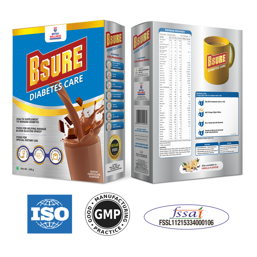 Bsure Diabetes Care- Balanced Vital Nutrients to Manage Blood Sugar, Weight & Strength Chocolate Flavour- 400gm. (Pack of 2)