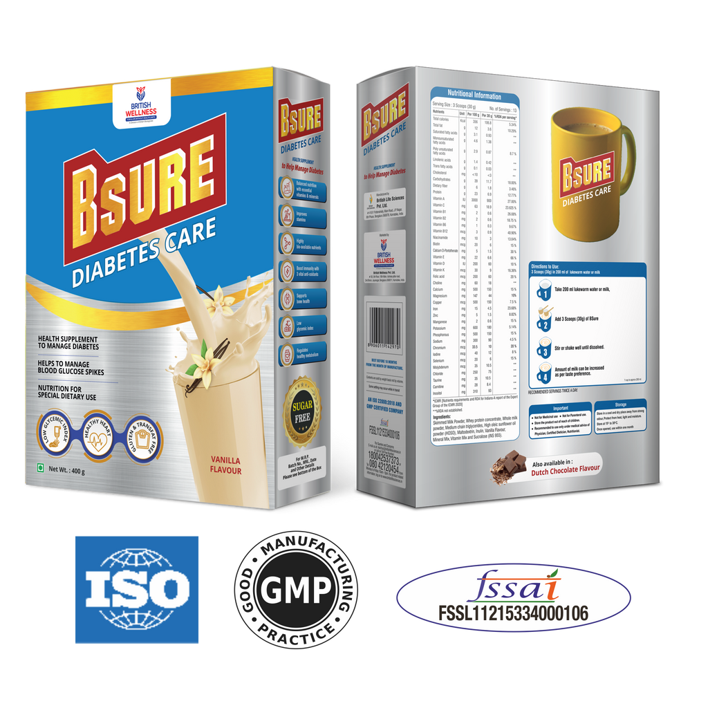 Bsure Diabetes Care- Balanced Vital Nutrients to Manage Blood Sugar, Weight & Strength Vanilla Flavour- 400gm. (Pack of 2)