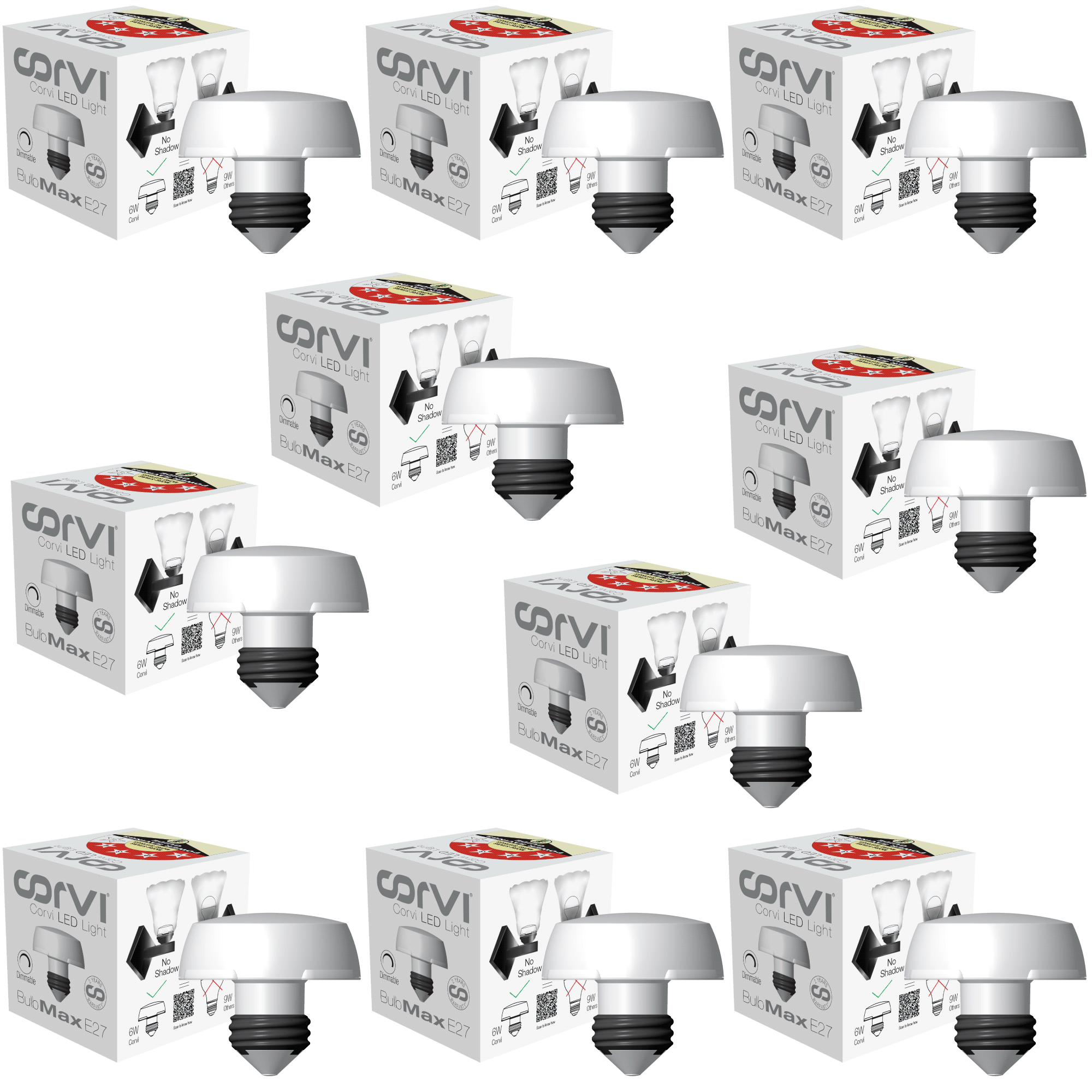 CORVI LED Bulb | 9 Watts illumination using 6 Watts power| Industry’s Best 4 star Rated Energy Saving LED Bulb | E27 Base, Compact, Non-Protruding, Dimmable | 4000K Easy White (Pack of 10)