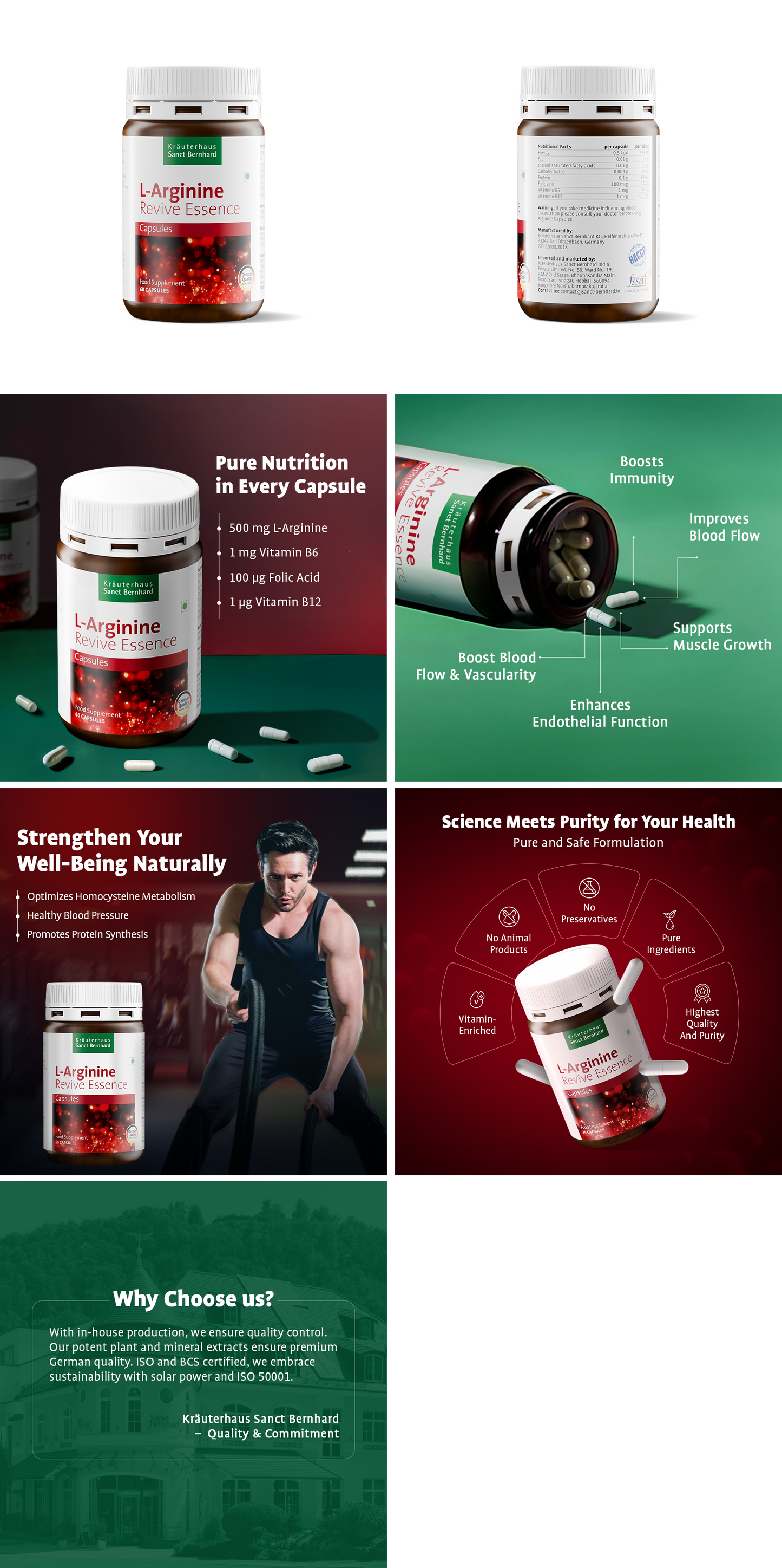 Sant Bernhard L-Arginine Capsules with B-Vitamins | With B12, B1, B6, Folic Acid & Riboflavin | Supports Energy, Blood Circulation & Heart Health | Vegan, Non-GMO | 1-Month Supply | 60 Capsules