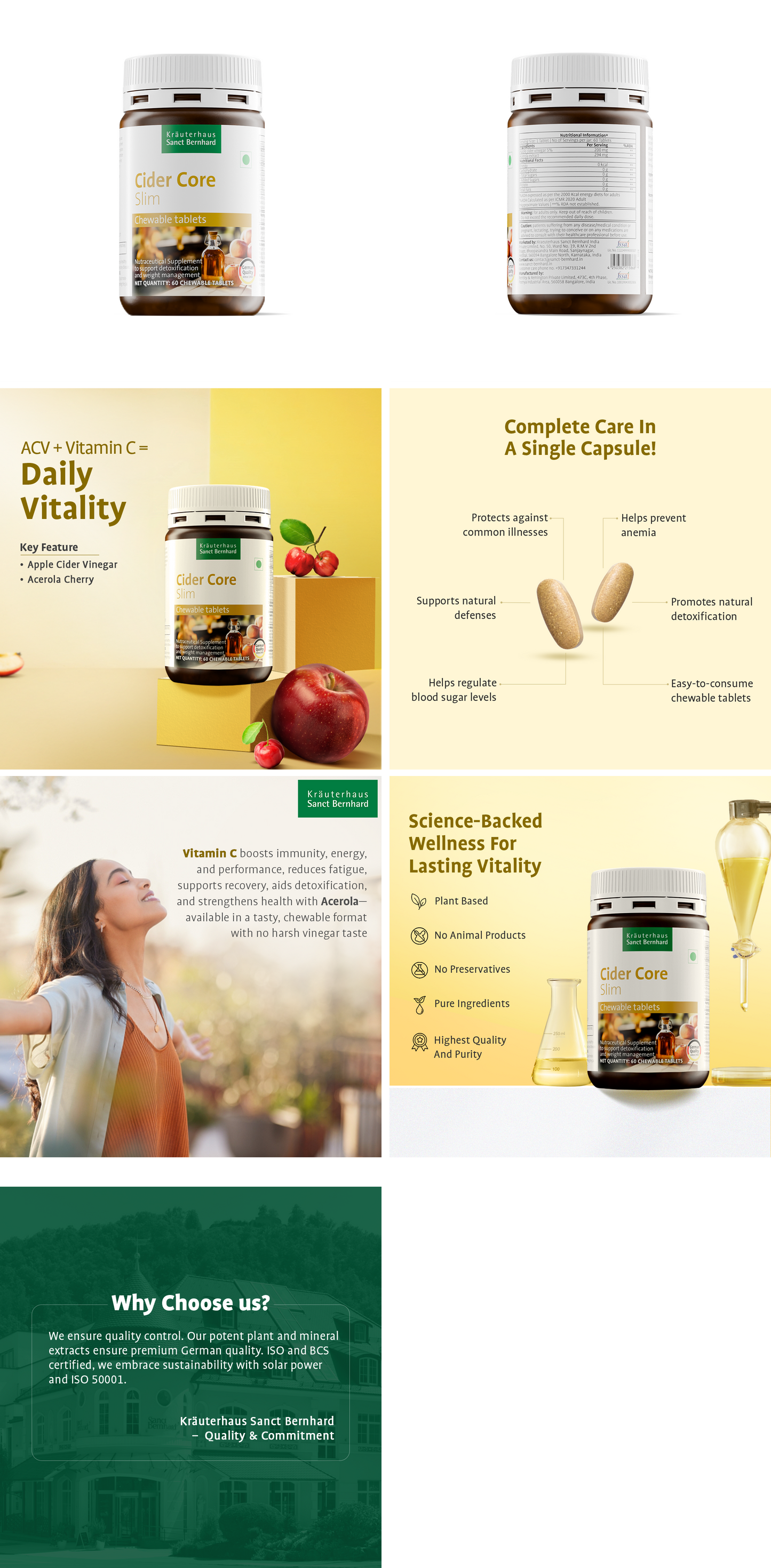 Sanct Bernhard Cider Core | Chewable Tablets | Apple Cider Vinegar with Acerola Vitamin C | Supports Digestion, Metabolism, Blood Sugar & Immunity | Natural Detox | 60 Tablets