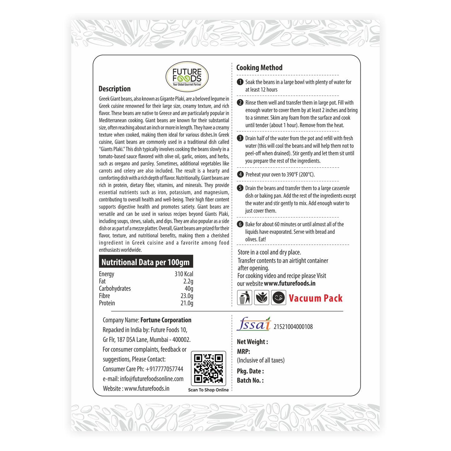 Future Foods Greek Gigante Beans | Double Butter Beans | Protein Rich | Good Source of Soluble Fiber & Vitamin A | Sweet & Mild Taste | Meaty Texture | Gluten Free | Low in Fat Content | 450g