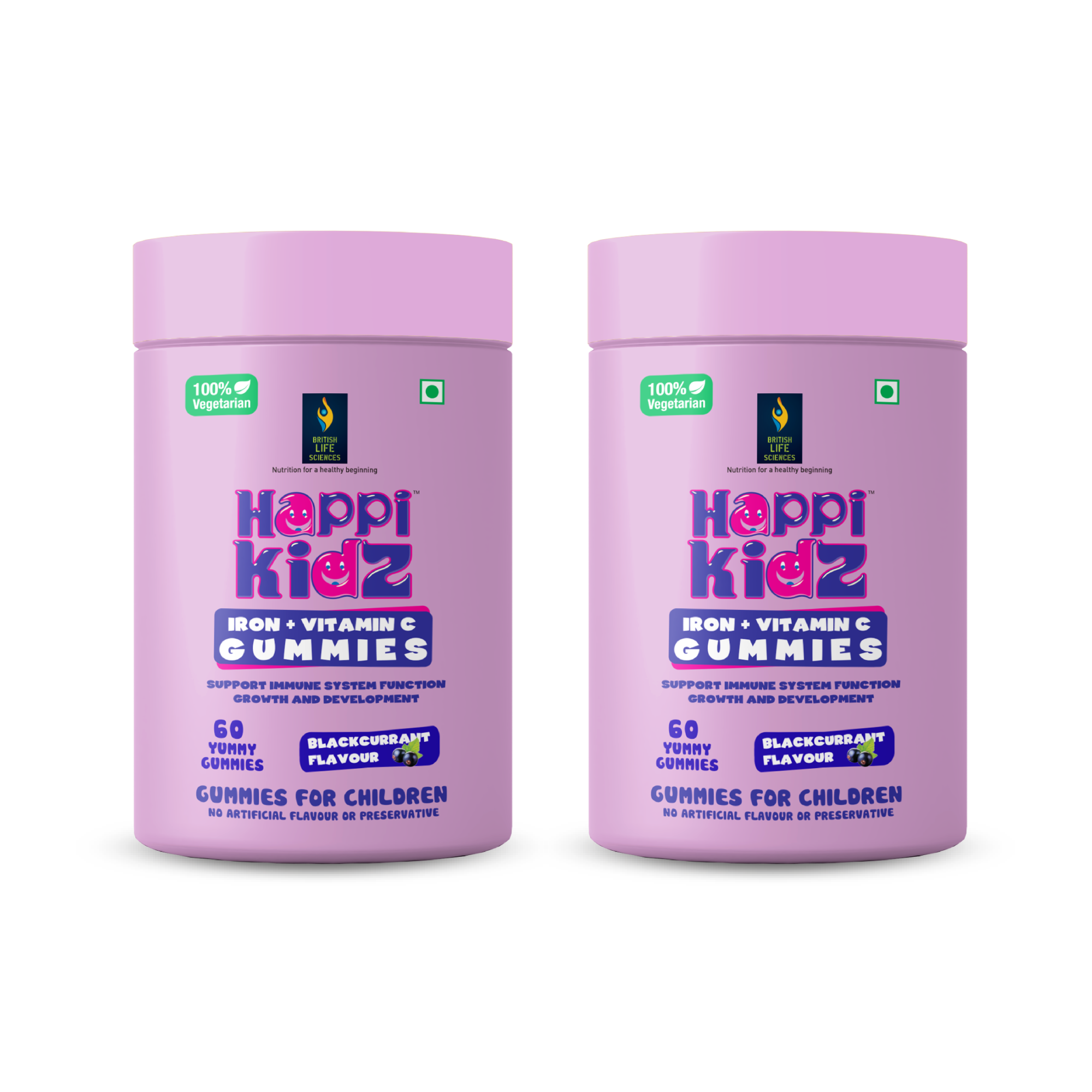 Nutrition For A Healthy Beginning Happi Kidz Iron + Vitamin C Gummies For Kids-(60 Gummy Bears) -Supports Immune System Function, Blackcurrent Flavor (Pack of 2)