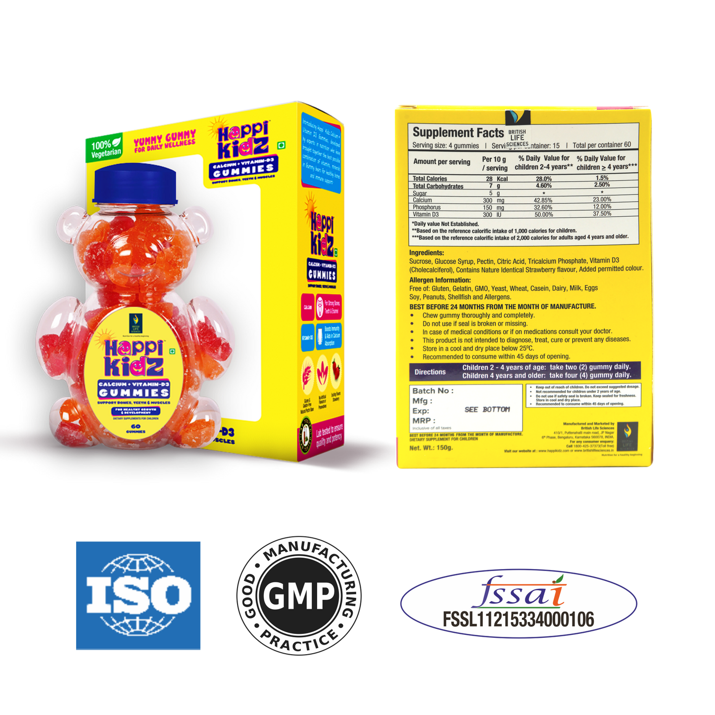 BRITISH LIFE SCIENCES PVT LTD ; Nutrition For A Healthy Beginning Happikidz Calcium + Vitamin D Gummies For Kids (60 Count Gummy Bears) - Kids Nutrition, Bones And Teeth, Boosts Immunity - Strawberry (Pack of 2)