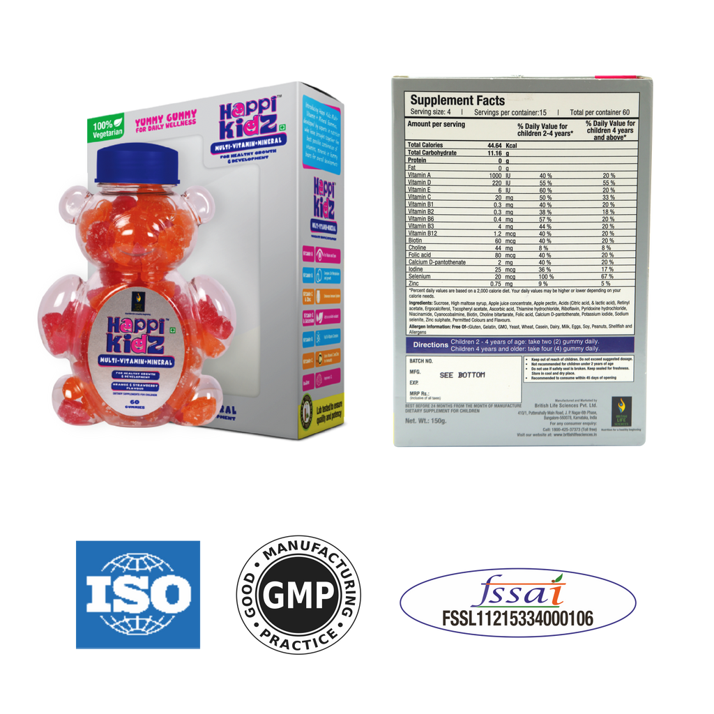 Happi Kidz Multivitamin Gummies For Kids - (60 Count Gummy Bears) - with 16 essential vitamins and minerals - Supports Growth and Immunity -Orange & Strawberry - Children above 2 years (Pack of 2)