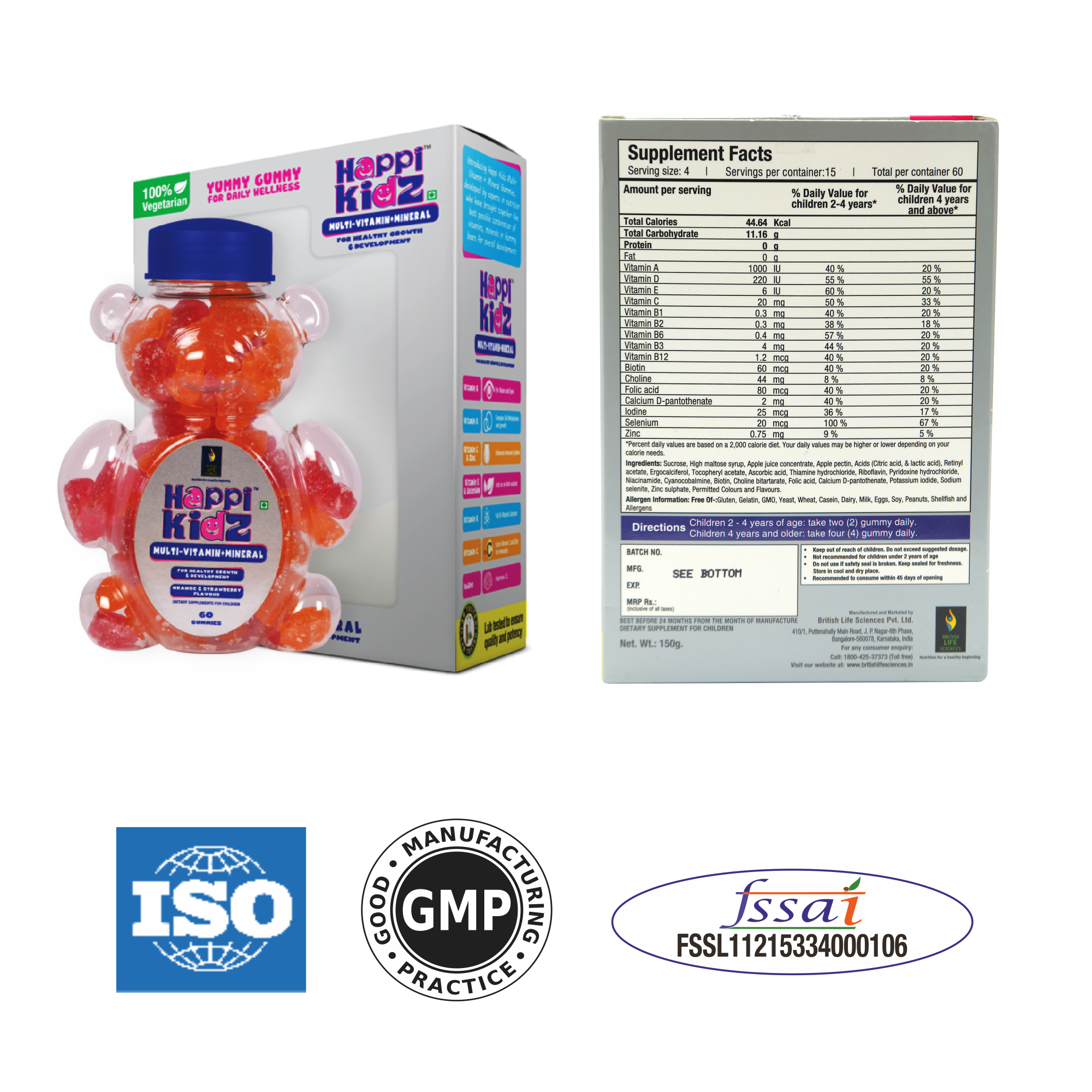 Happi Kidz Multivitamin Gummies For Kids - (60 Count Gummy Bears) - with 16 essential vitamins and minerals - Supports Growth and Immunity -Orange & Strawberry - Children above 2 years (Pack of 2)