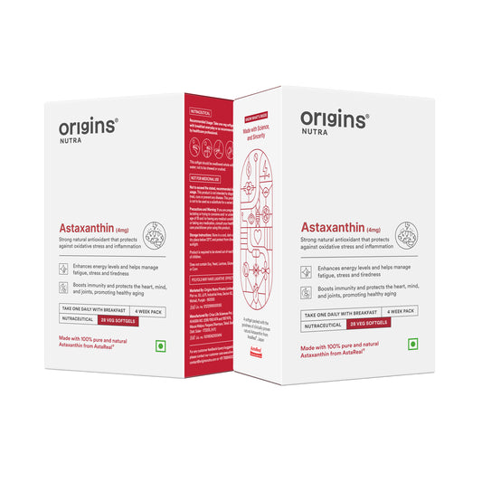 Origins Nutra Astaxanthin | Super Antioxidant, UV Protection, Heart, Skin & Eye Health, Joint Support | AstaReal® | GMP Certified| Non-GMO | For Men & Women| 28 Veg Softgel | Pack of 2