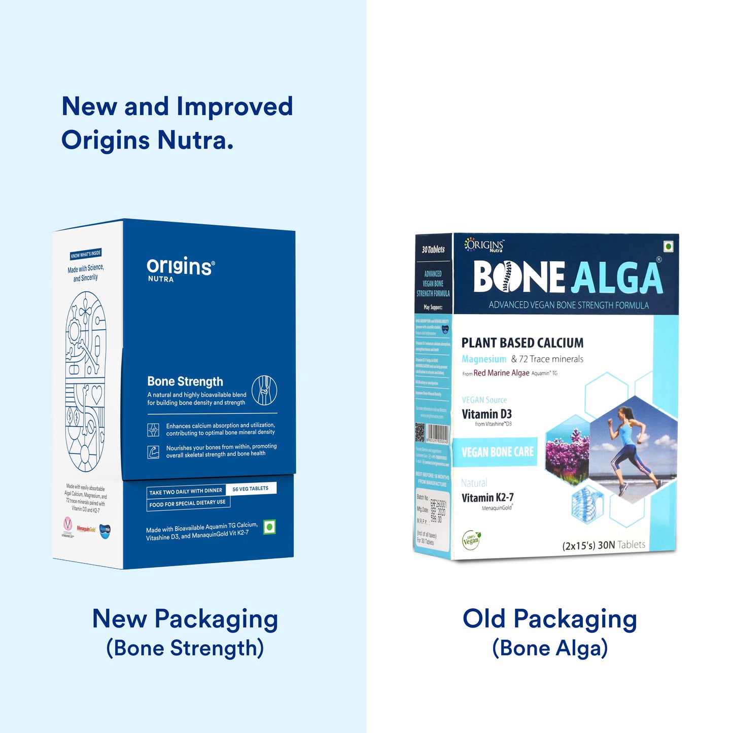 Origins Nutra Bone Strength | Builds Bone Density, Helps Joints Flexibility | Aquamin Tg, Natural Vitamin K27, Vitashine D3 | GMP Certified | For Men & Women | 56 Veg Tablets Pack of 2