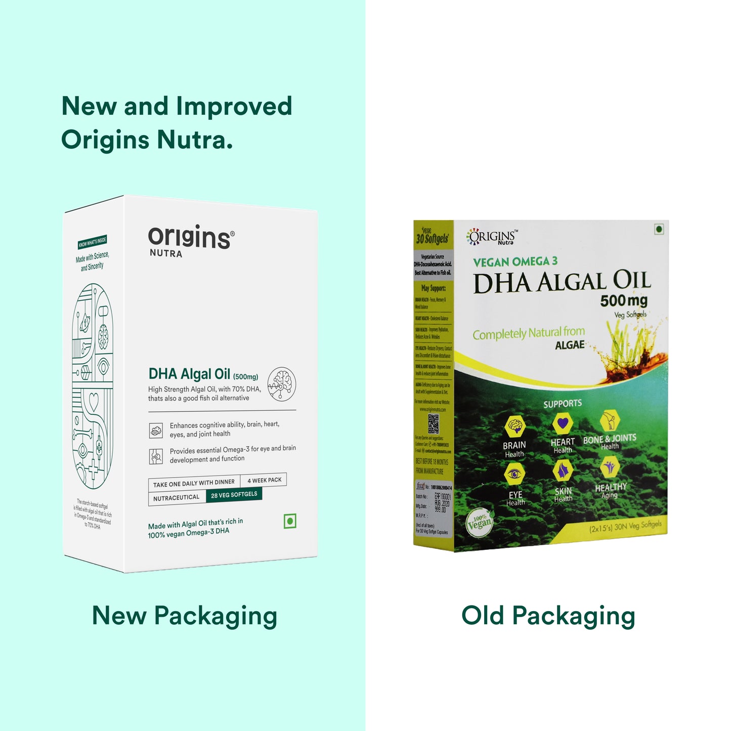 Origins Nutra DHA Algal Oil |Plant-Based High Strength 70% Omega 3 DHA, Plant Based |GMP Certified | Non-GMO |For Men & Women | 28 Softgels |Pack of 2