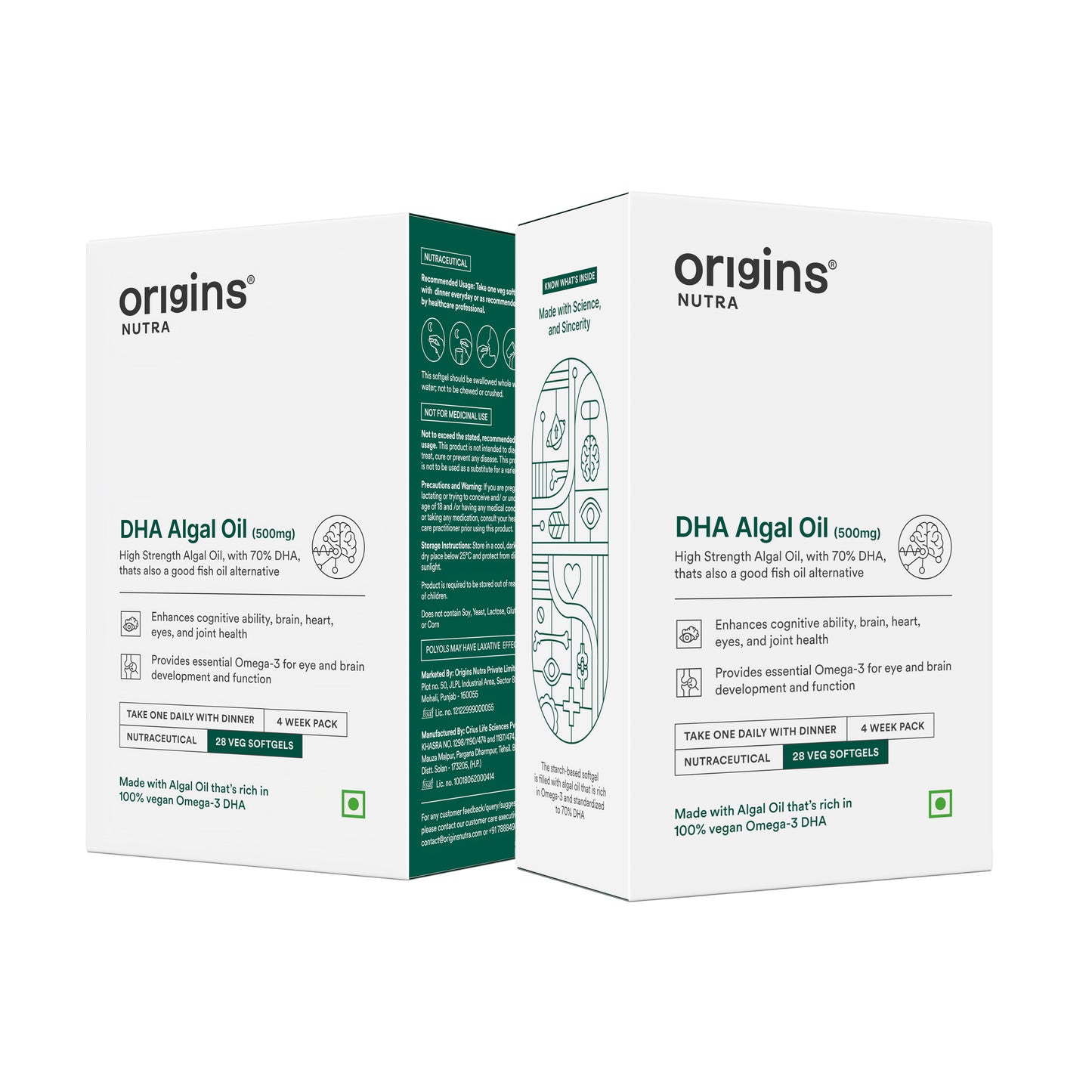 Origins Nutra DHA Algal Oil |Plant-Based High Strength 70% Omega 3 DHA, Plant Based |GMP Certified | Non-GMO |For Men & Women | 28 Softgels |Pack of 2