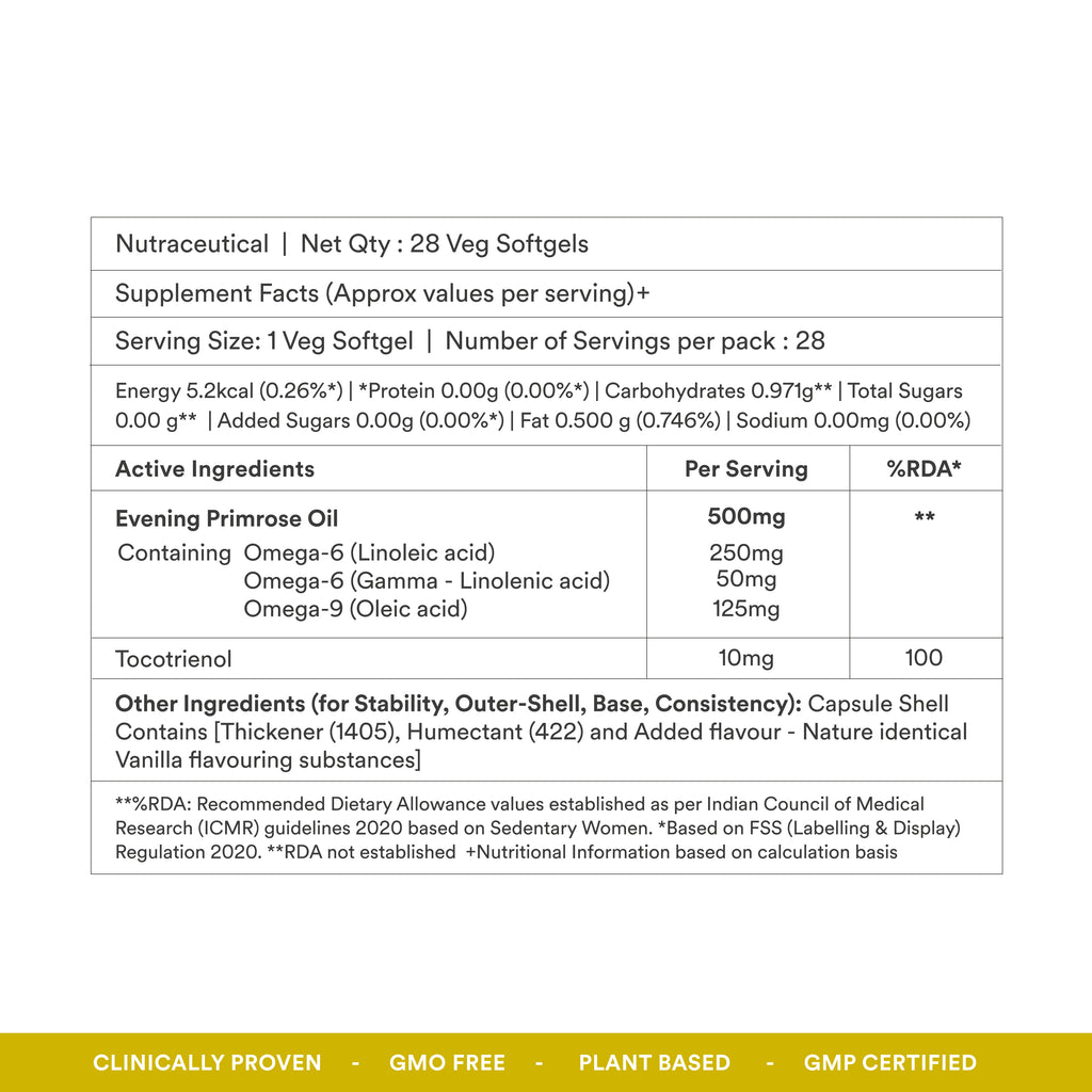 Origins Nutra Evening Primrose Oil | Supports Hormonal Balance, Lowers PMS Symptoms, Improves Skin Health| Evening Primrose Oil | GMP Certified | For Men & Women | 28 Veg Soft Gels Pack of 2