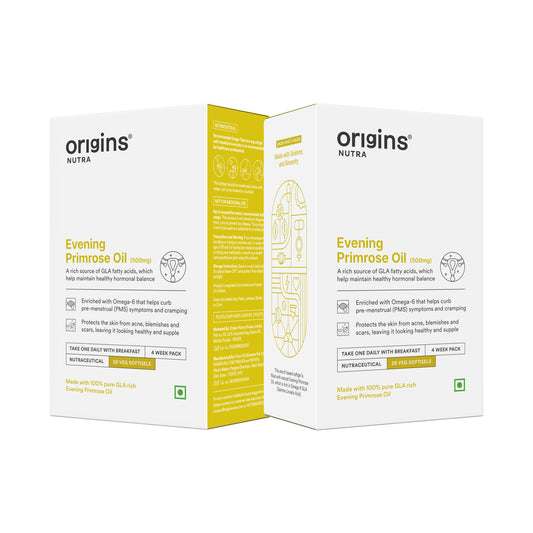 Origins Nutra Evening Primrose Oil | Supports Hormonal Balance, Lowers PMS Symptoms, Improves Skin Health| Evening Primrose Oil | GMP Certified | For Men & Women | 28 Veg Soft Gels Pack of 2