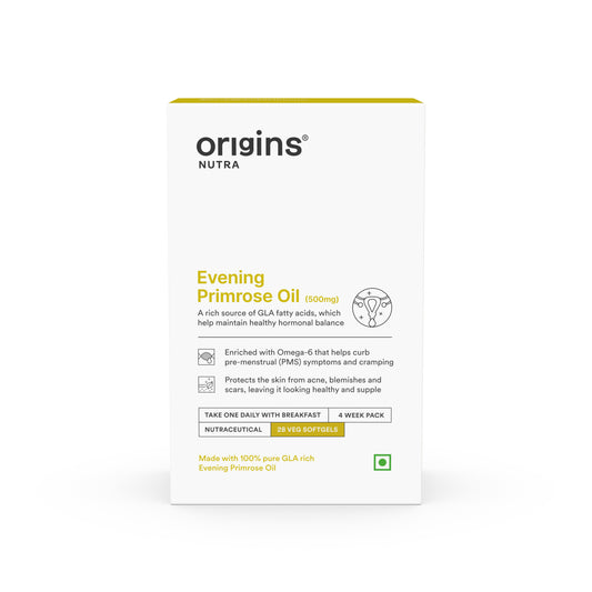 Origins Nutra Evening Primrose Oil | Supports Hormonal Balance, Lowers PMS Symptoms, Improves Skin Health| Evening Primrose Oil | GMP Certified | For Men & Women | 28 Veg Soft Gels Pack of 3