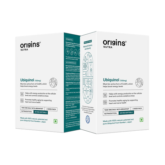 Origins Nutra Ubiquinol (100mg) | Boost Energy, Supports Heart & Healthy Ageing, Enhance Antioxidant Protection | Ubiquinol | GMP Certified | For Men & Women | 28 Soft Gels Pack of 2