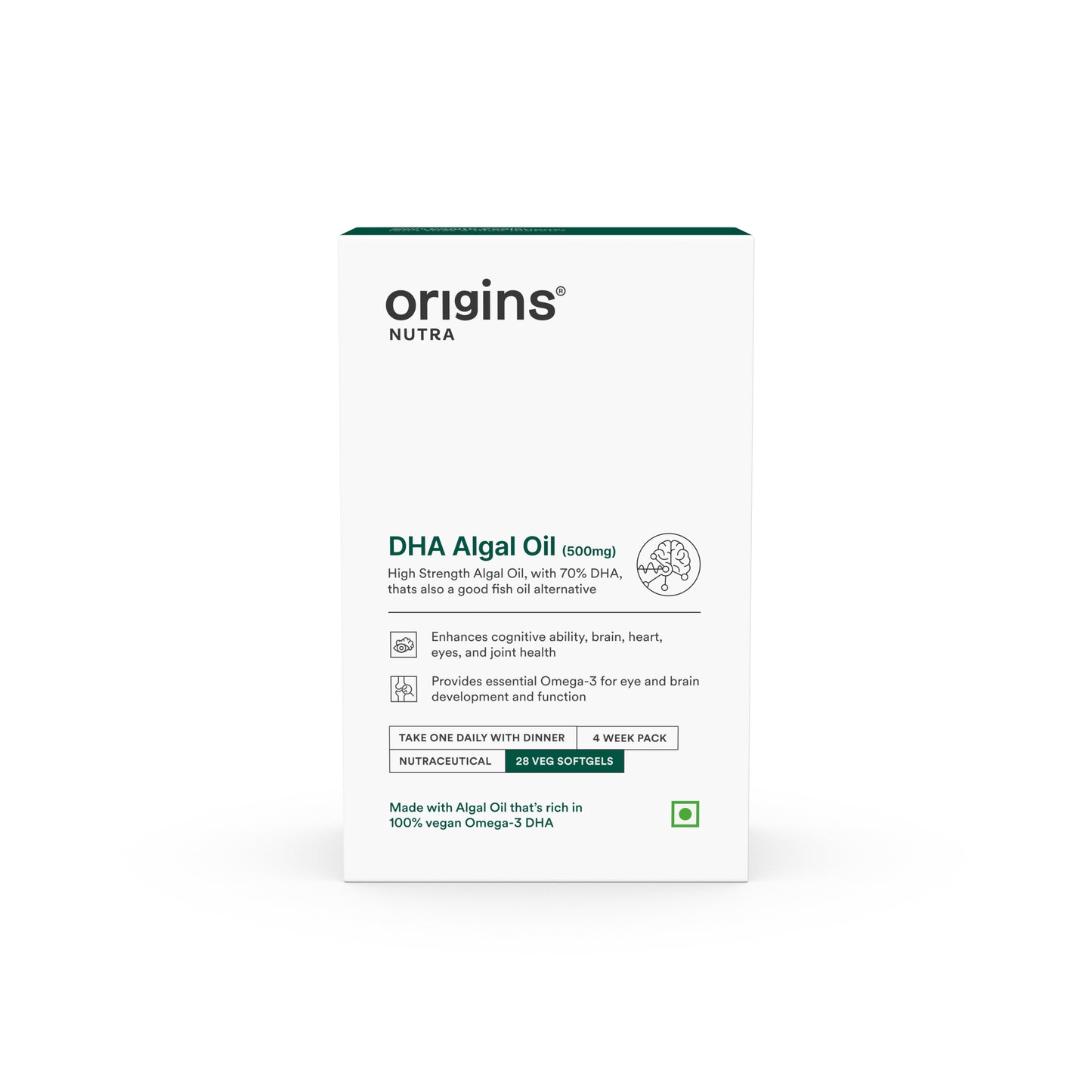 Origins Nutra DHA Algal Oil |Plant-Based High Strength 70% Omega 3 DHA, Plant Based |GMP Certified | Non-GMO |For Men & Women | 28 Softgels |Pack of 3 for 4 Weeks